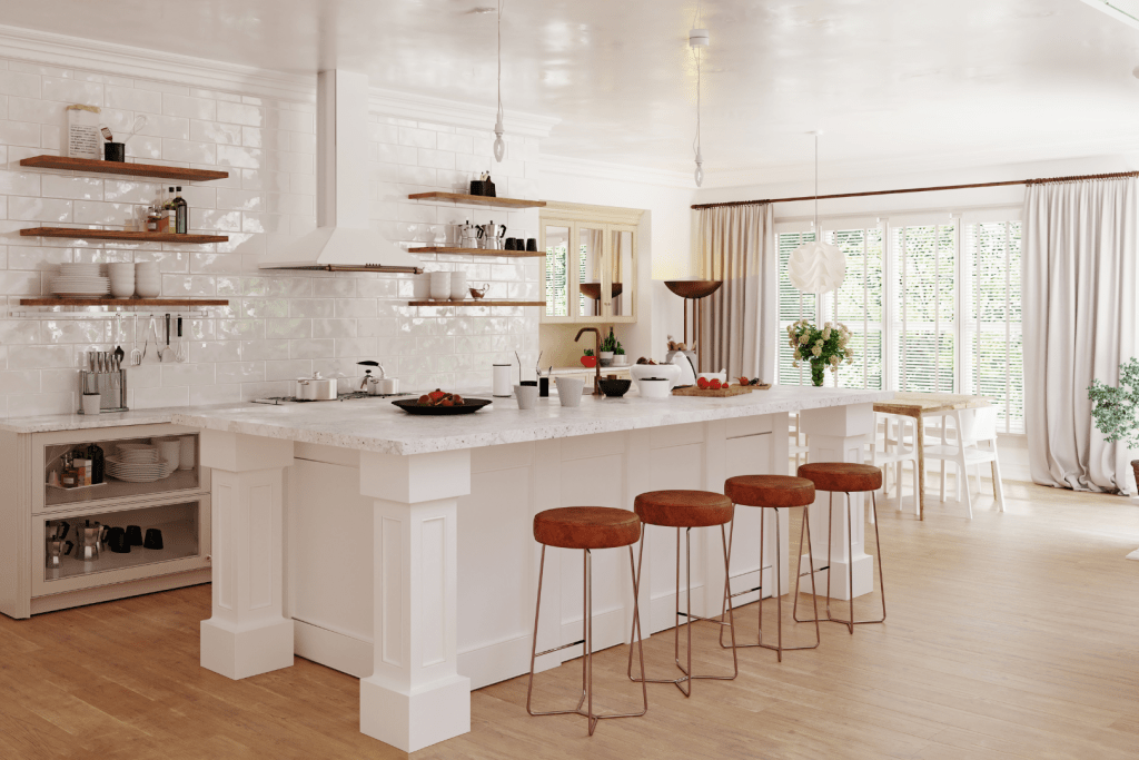 a kitchen with a white counter top and brown stools