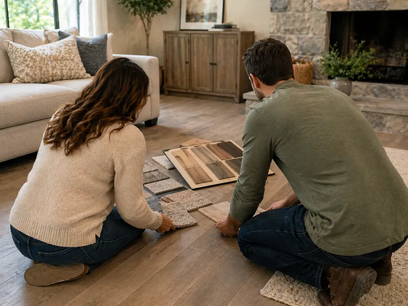 Customers on the floor comparing new flooring swatches to their current flooring | All American Flooring