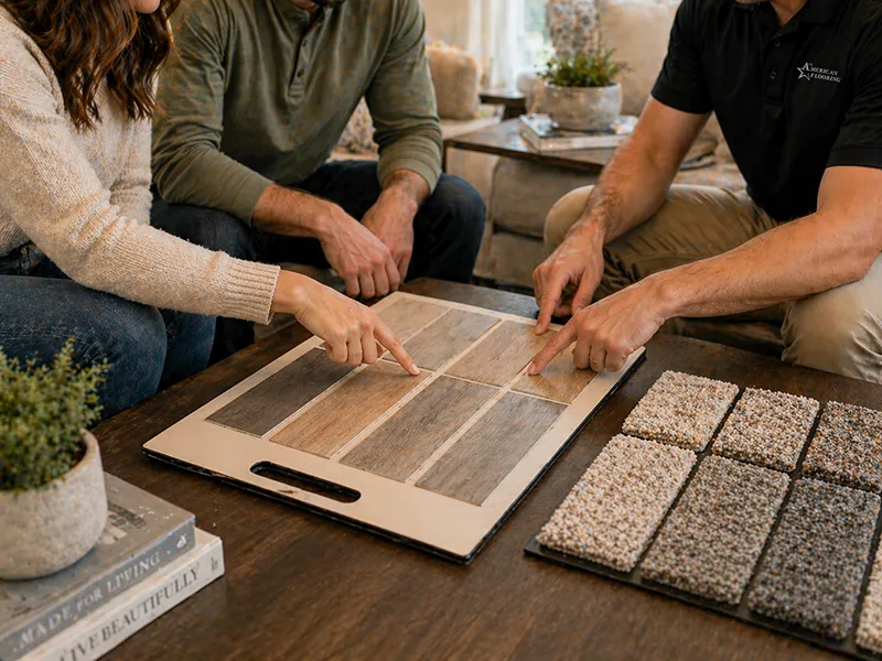 Flooring customers selecting the floor they want with the Shop At Home associate | All American Flooring