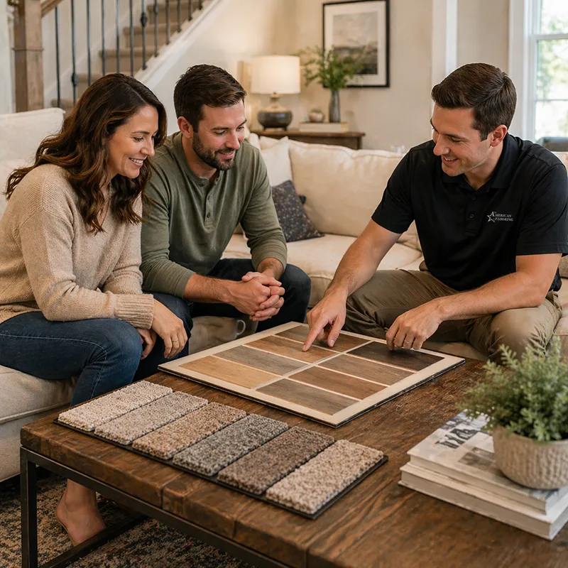 Flooring associate going over flooring samples in a couples home | All American Flooring