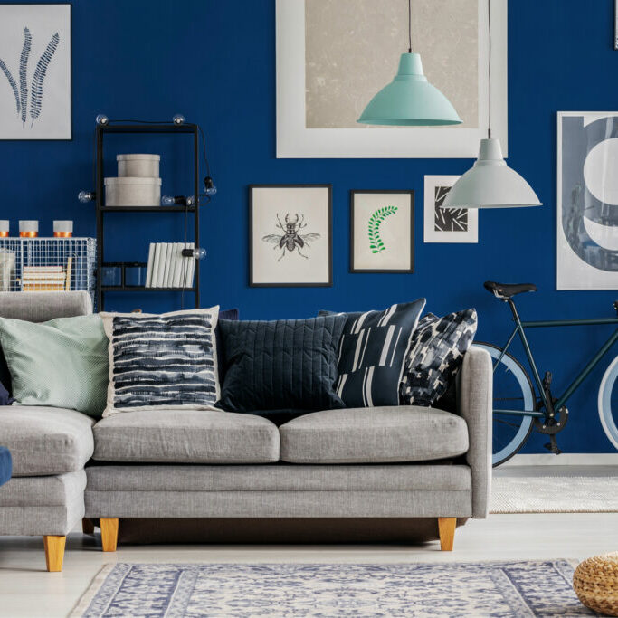 Blue wall in living room | All American Flooring